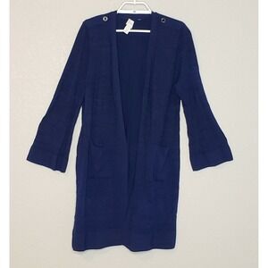 Chico's Cardigan Sz 2 Dark Blue 3/4 Bell Sleeve Long Length Lightweight Pockets